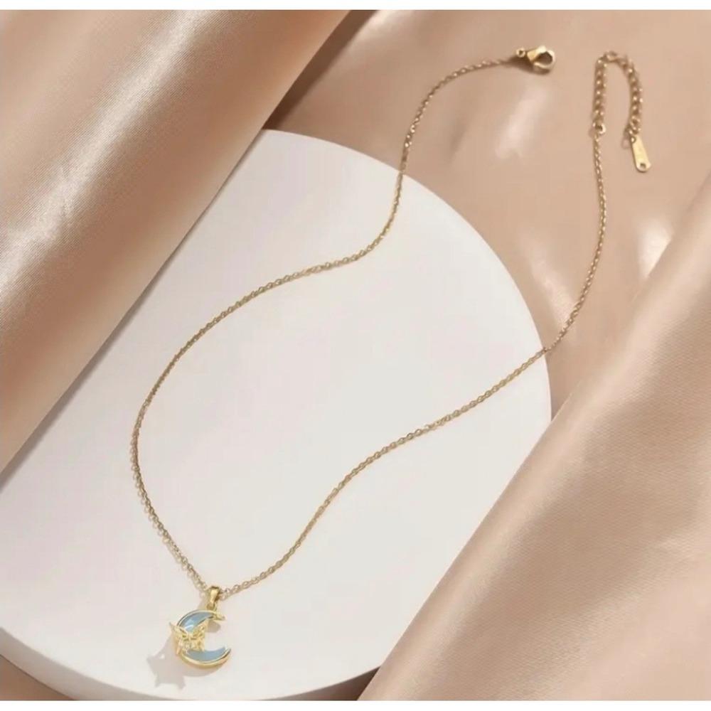 Butterfly Moon Gold Necklace Women's OS Blue New Celestial Fairycore